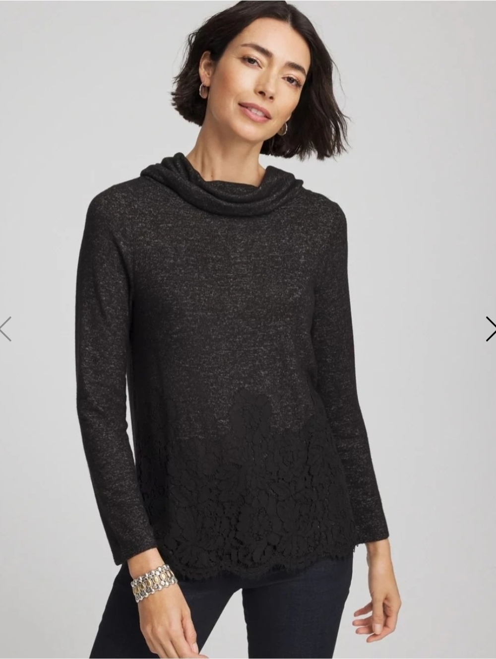 Chicos Lace Hem Cowlneck Top Black Size 3 New